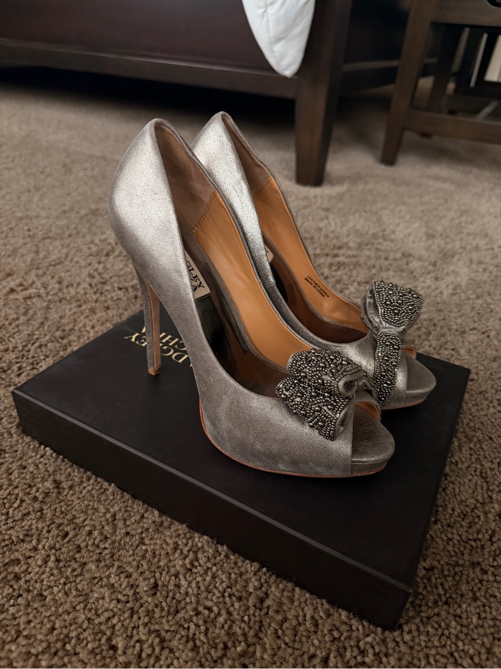 Badgley Mischka Silver Crystal Bow Peep-Toe Stilettos